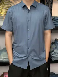 夏季条纹薄款含桑蚕丝短袖衬衫商务休闲修身翻领微弹竖男士衬衫