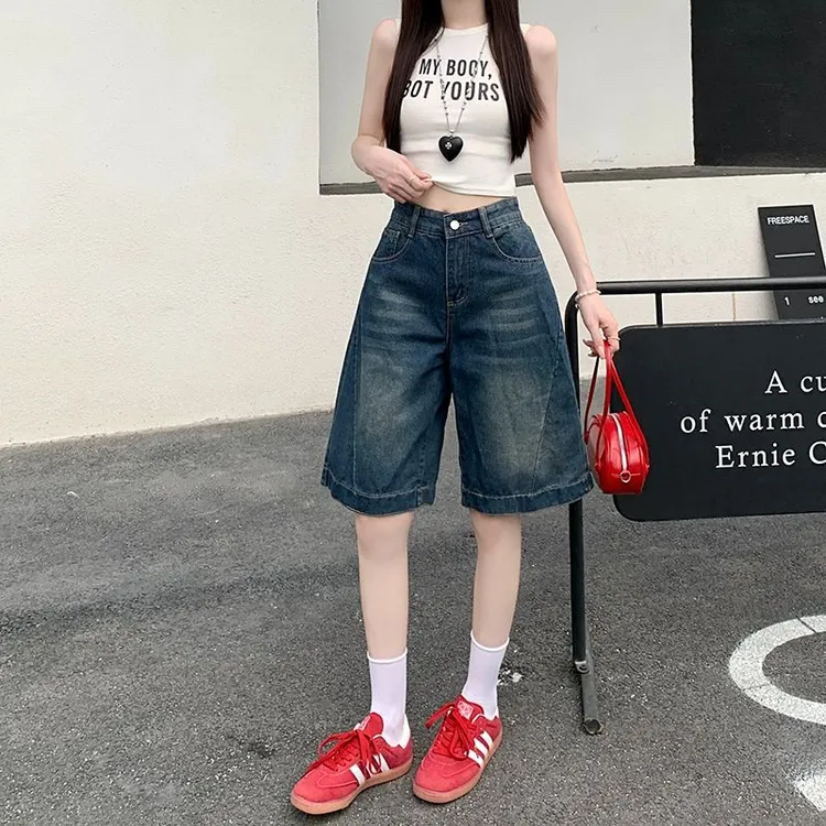 2025美式复古五分裤牛仔短裤女夏季分裤宽松设计感直筒阔腿中裤潮
