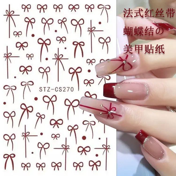 手工爆款Jennie同款蝴蝶结美甲红色贴纸黑白贴片新年指甲浮雕透明
