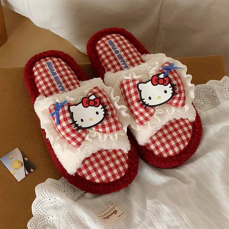 细细条 居家防滑可爱地板毛毛拖鞋女冬正版HelloKitty一字棉拖鞋