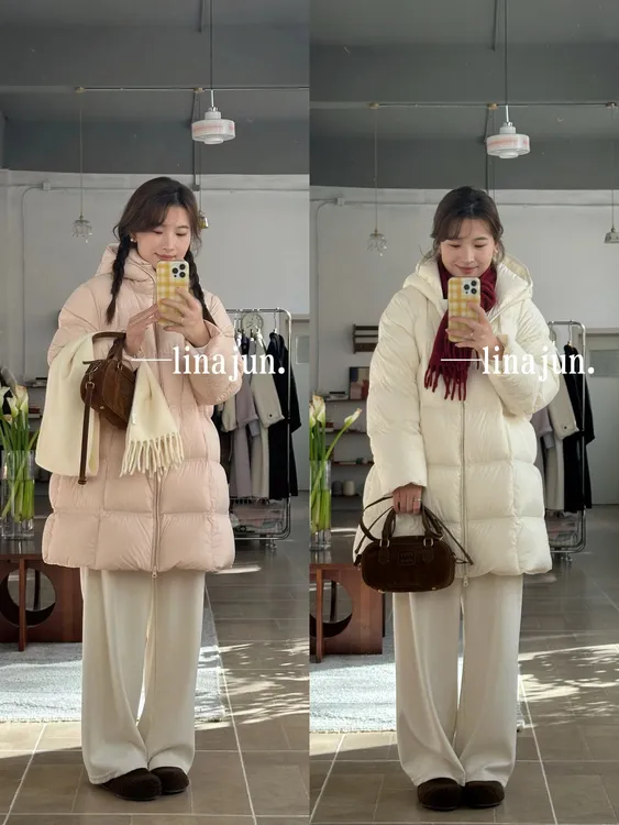 11.29《奶油泡芙》秋冬新款韩系三色连帽双拉链90鸭绒中长款羽绒服