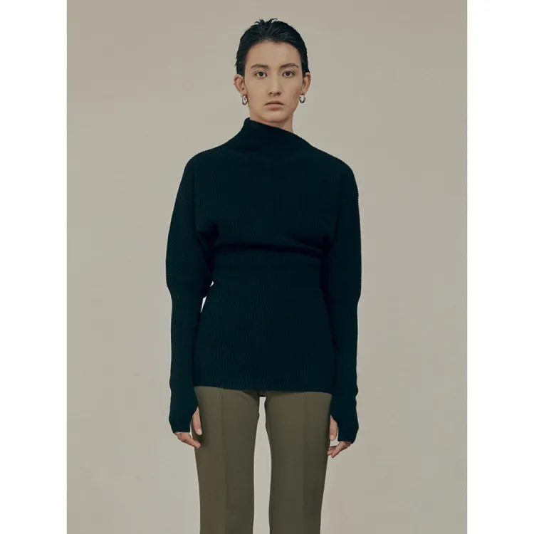 女秋冬法式不对称灯笼袖针织衫修身显瘦打底衫内搭黑色毛衣