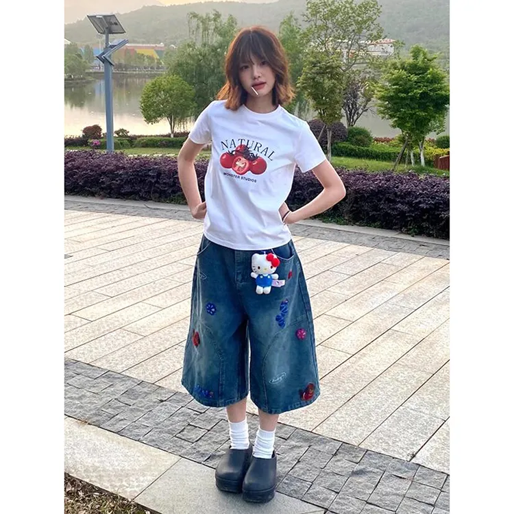 【免费试穿】趣味刺绣牛仔七分裤女夏季新款小个子直筒休闲7分短裤