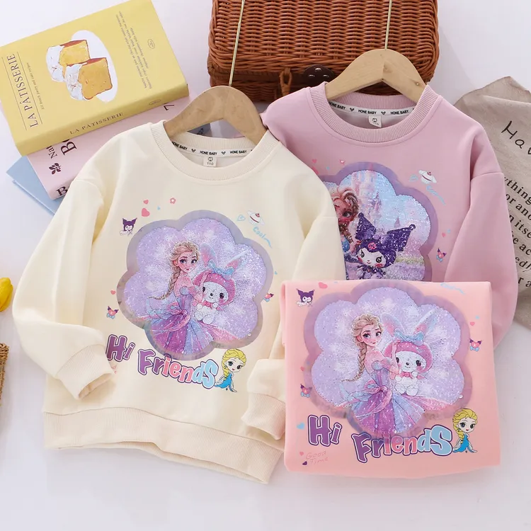女童纯棉亮片卫衣儿童华棉卫衣圆领套头衫上衣女孩子卡通亮片衣服
