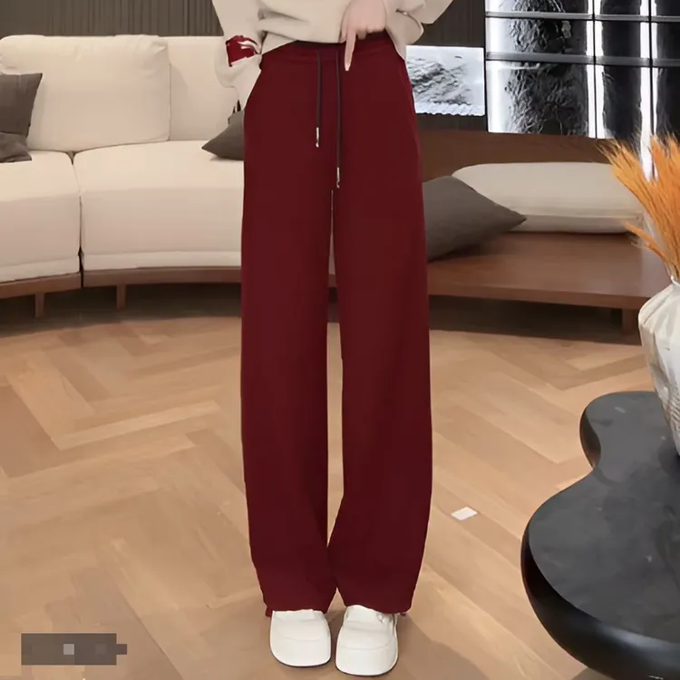 新年红色加绒阔腿裤女秋冬新款宽松显瘦高腰抽绳直筒休闲加厚长裤