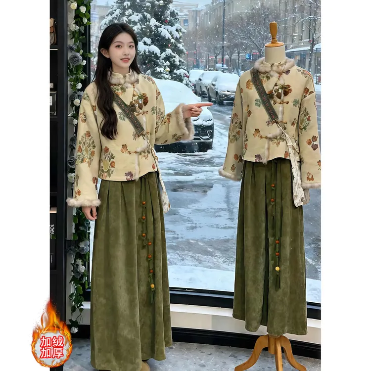 大方得体穿搭一整套新中式国风复古绿色外套阔腿裤两件套装2025冬