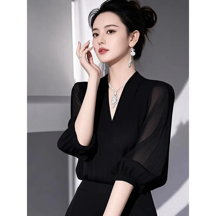 夏法式减龄百搭显瘦衬衫小众设计感轻奢黑色衬衣