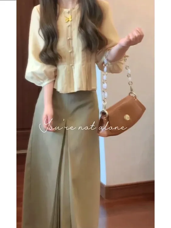 早秋搭配一整套小个子休闲长袖百褶衬衫上衣气质高腰半身裙两件套