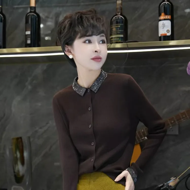 【星闪流光】秋冬显瘦烫钻翻领针织开衫MG8530