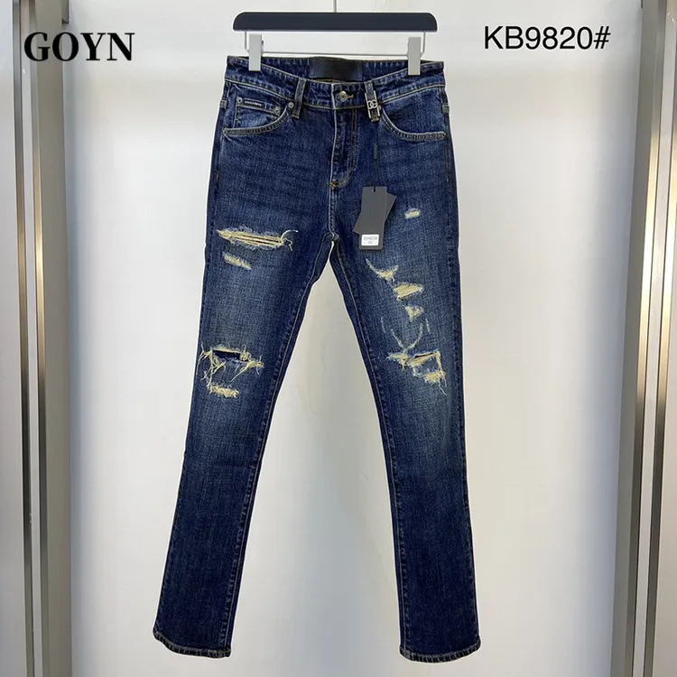 GOYN秋季深色复古男装破洞新款潮牌弹力时尚男士修身百搭牛仔长裤