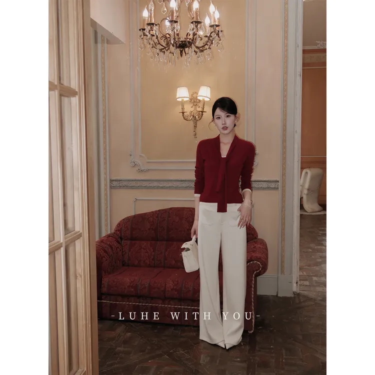 LUHE【雪淞恋人】hehe私服~绵羊毛撞色假两件长袖针织衫+斜纹阔腿裤