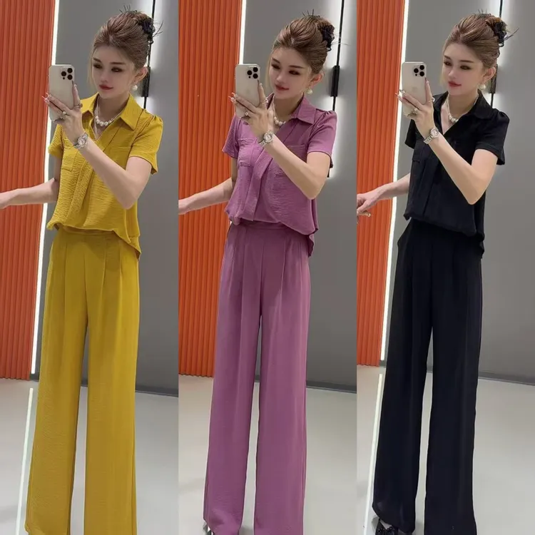 小 8400 简约风气质纯色翻领上衣 加 长裤 两件套