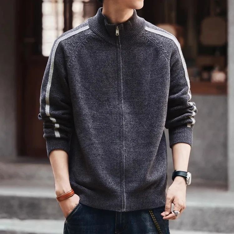 仓石一树美式立领毛衣男外套春秋新款保暖拉链开衫拼色宽松针织衫