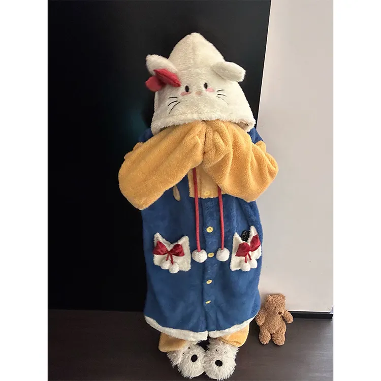 甜美风少女珊瑚绒连帽睡衣女冬季新款加厚家居服睡袍长裤套装外穿
