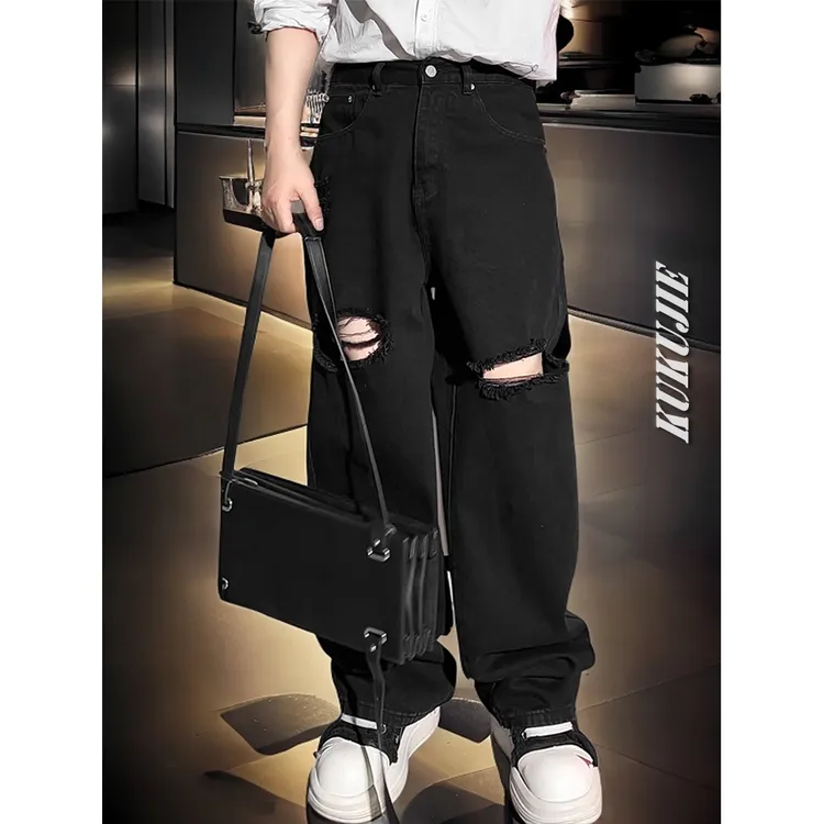 KKJ巴黎潮牌破洞黑色宽松牛仔裤男士美式阔腿裤垂感直筒长裤夏季