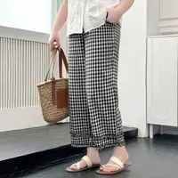 DX8057大码女装【满分松弛感】三种裤长胖mm木耳花边格子八分阔腿裤