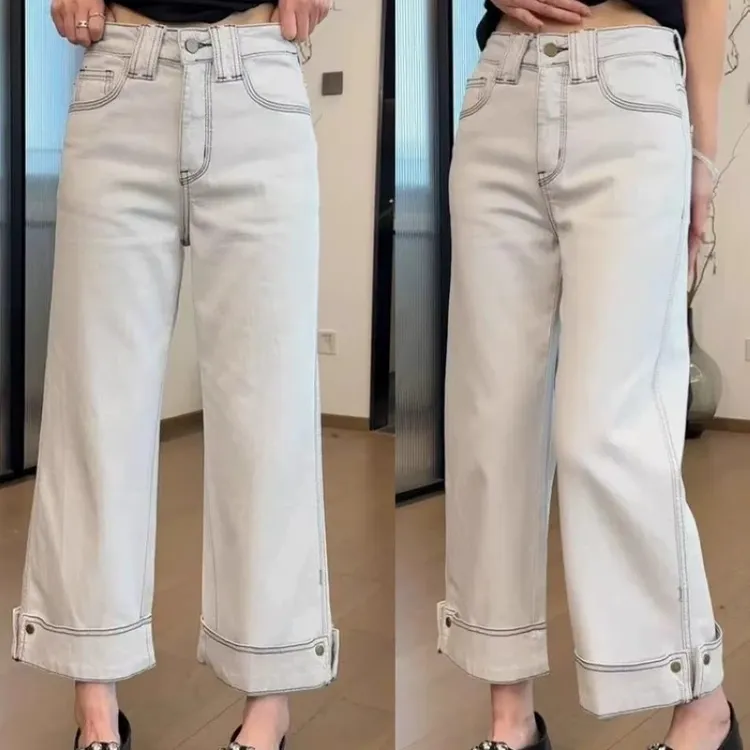 无货欧货灰白色牛仔裤女夏老钱翻边阔腿裤女八