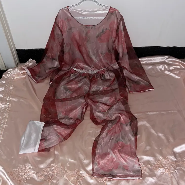 新款丝滑双层睡衣两件套纯欲透视超顺滑性感法式浪漫家居服套装