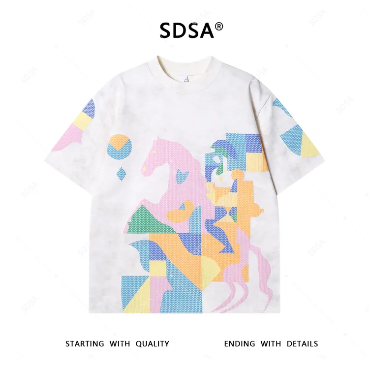 夏季高级感新款男士满天星小马压胶印花设计短袖T恤时尚圆领上衣