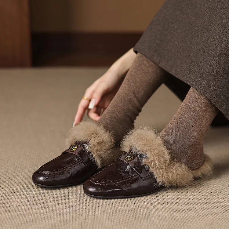 兔毛真皮毛毛拖鞋女外穿冬季山茶花加绒保暖包头穆勒鞋粗跟半拖鞋