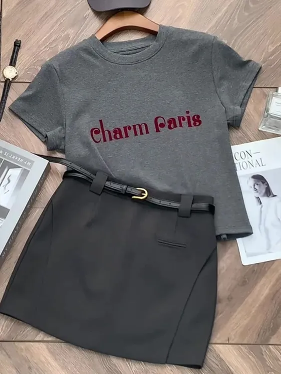 欧货新款时尚女套装2025夏季轻熟风小众字母印花显瘦灰色短袖T恤