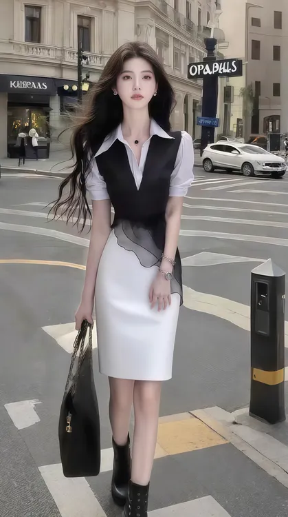设计感黑白色衬衫领短袖修身收腰包臀不规则短裙两件套女显瘦女装