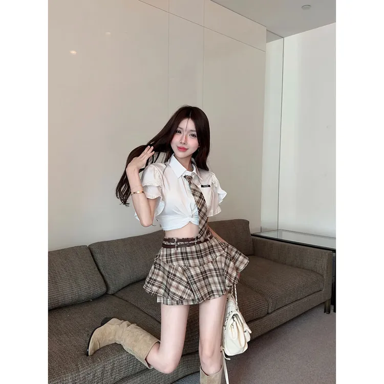 学院风辣妹套装女夏季设计感气质泡泡袖短款衬衫格子高腰蓬蓬短裙