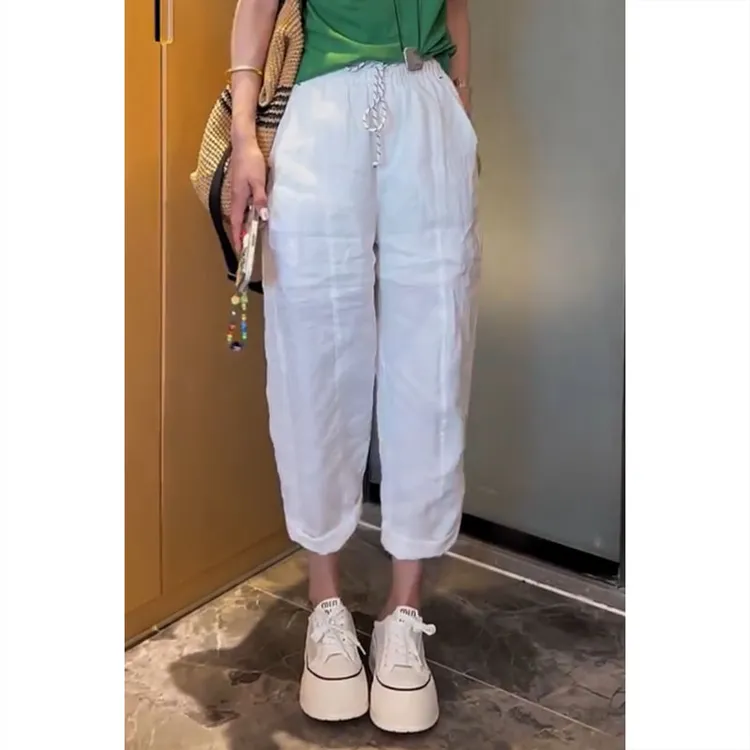 艾塔莉白色宽松休闲裤女夏季新款基础百搭直筒裤大码哈伦裤九分裤