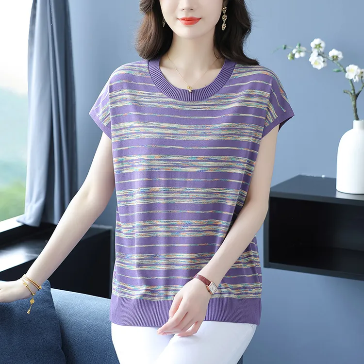 条纹冰丝上衣夏季时尚好看女士短袖T恤2025新款大码妈妈女装小衫