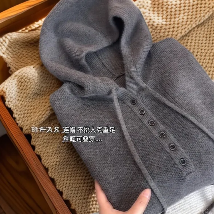 慵懒风通勤穿搭韩系连帽针织衫女2025秋冬新款高级设计感百搭上衣