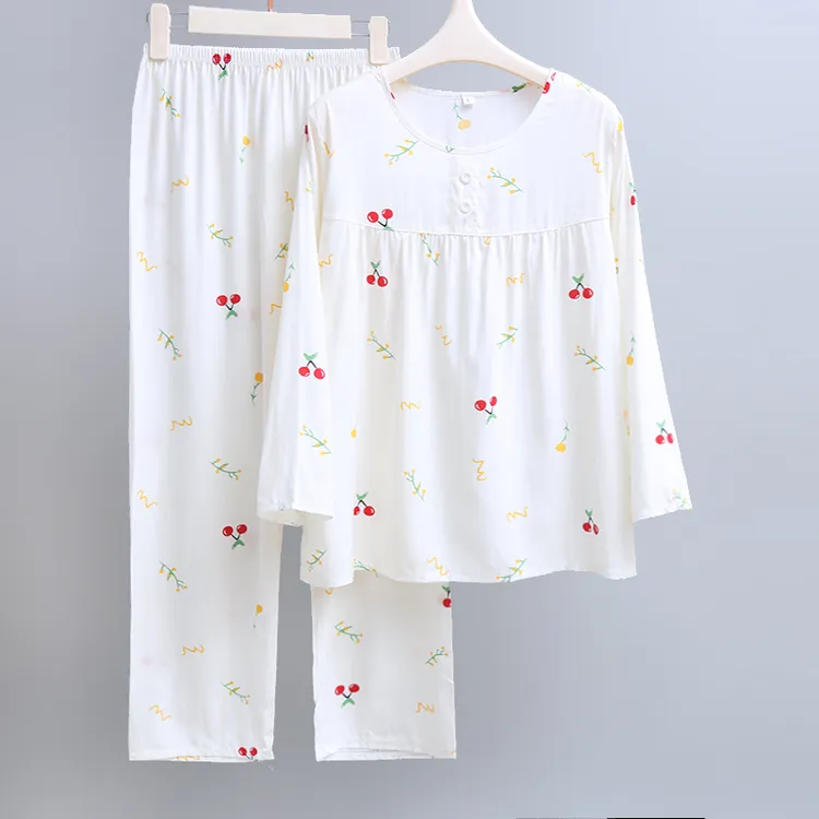 套头睡衣女夏棉绸薄款甜美长袖长裤家居服人造棉绵绸空调服套装