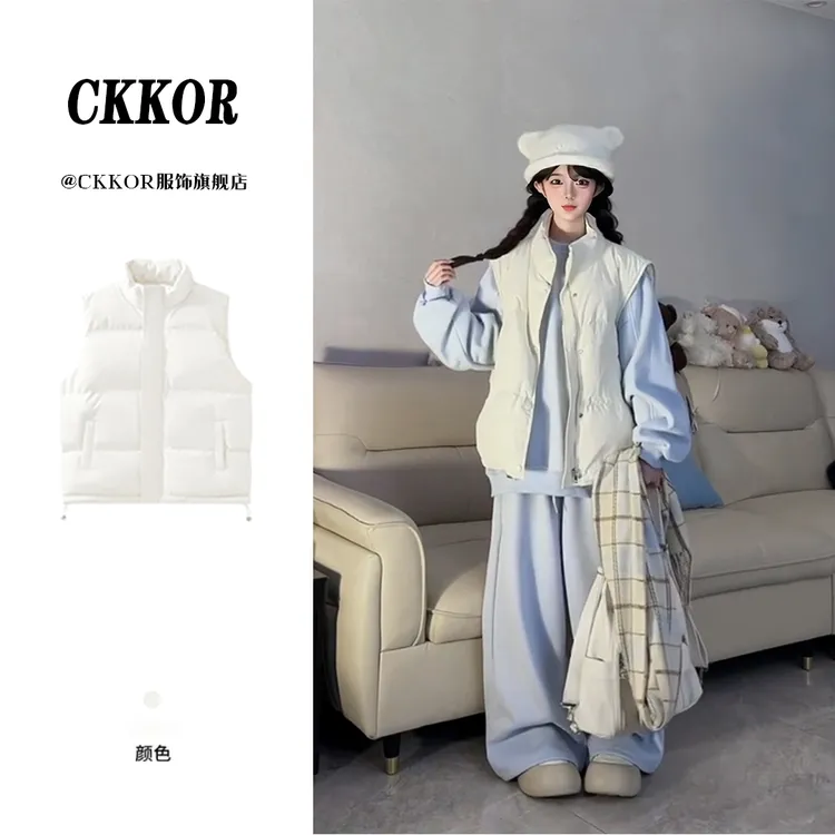 CKKOR秋冬新款韩版时尚无袖立领马甲女百搭宽松防寒保暖棉服外套 
