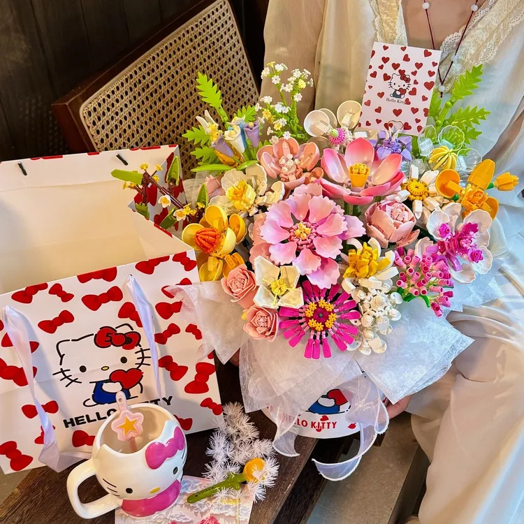 【kitty甜梦日记】桃花朵朵积木花束拼装套装DIY材料包礼物送女生