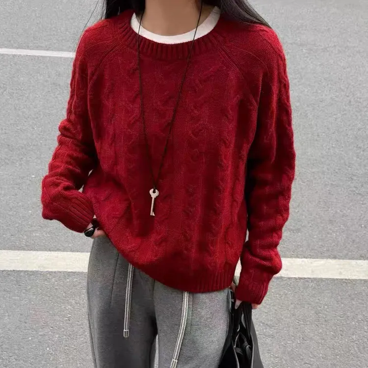 2025秋冬新款韩版宽松慵懒风圆领套头毛衣女百搭针织衫上衣