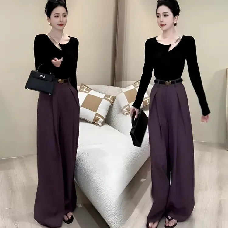 时尚套装女秋季新款设计感短款长袖T恤上衣垂感西装阔腿裤两件套