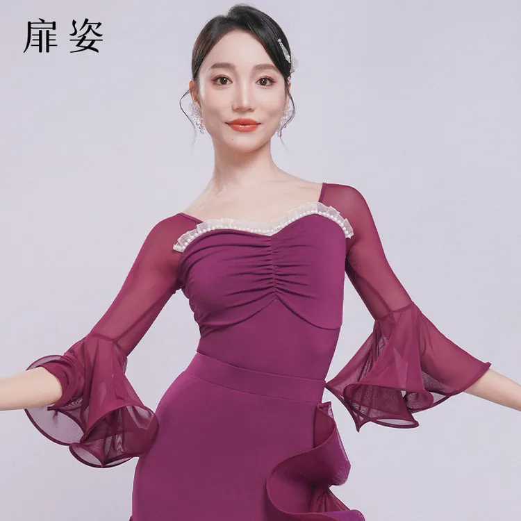 扉姿 摩登舞上衣女新款交谊舞演出服国标舞洋气跳舞连体衣F1290
