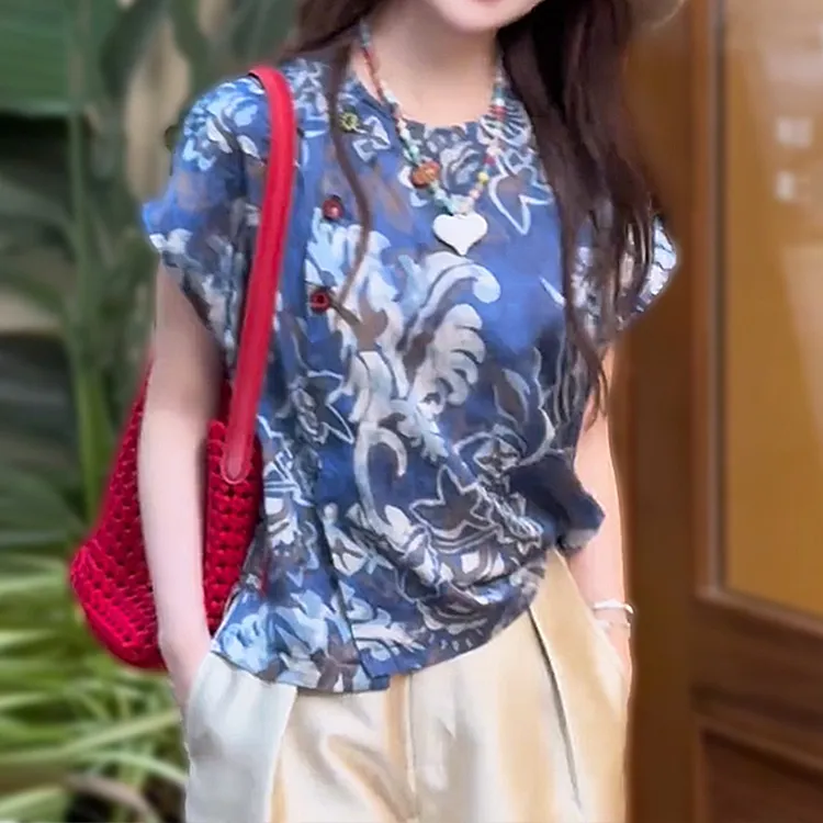 复古中式风青花瓷印花圆领衬衫夏季新款减龄时尚百搭单排扣上衣女