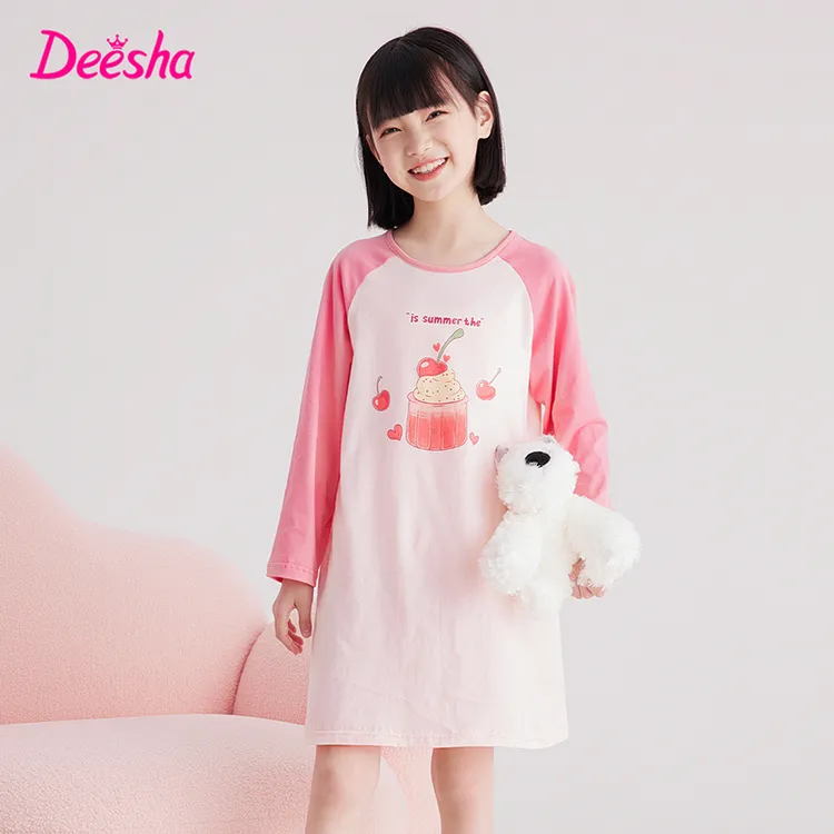 DEESHA/笛莎女童睡裙夏季薄款纯棉儿童短袖女孩家居服睡裙连衣裙