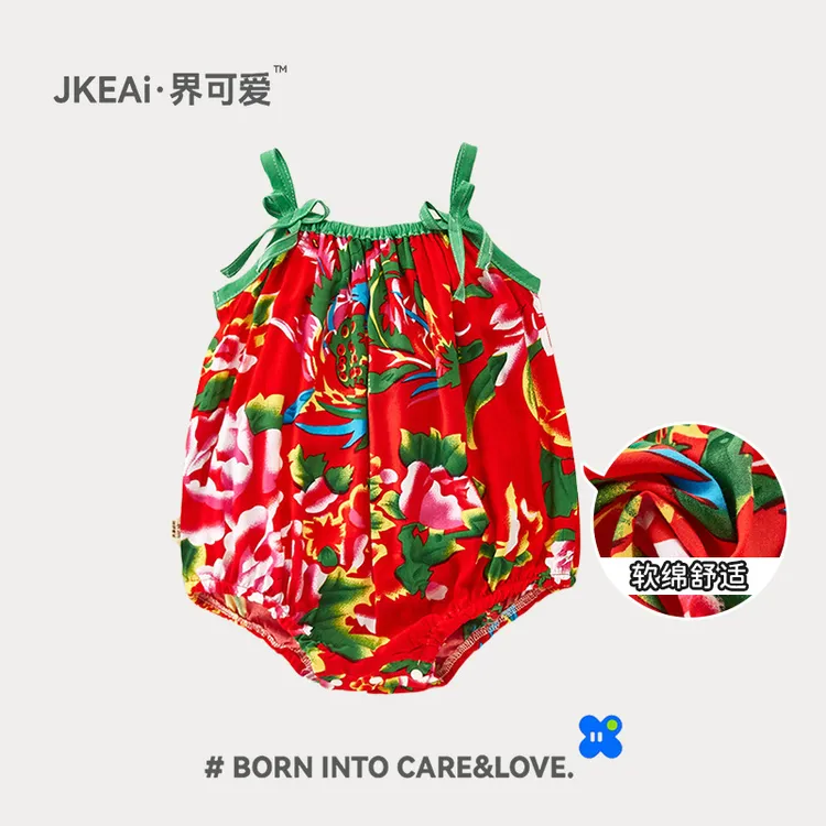 夏季新款东北大花男女宝宝民族风连体包屁哈衣婴幼儿无袖外出爬2