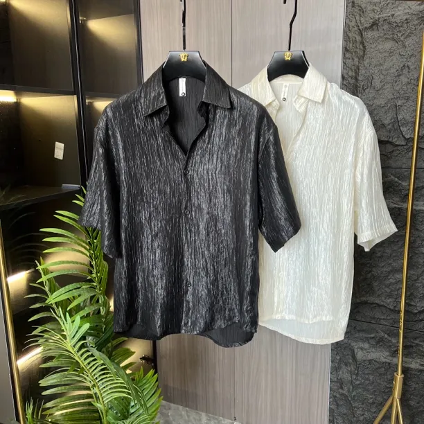 男士七分袖夏季衬衫痞帅修身高级感百搭潮流上衣