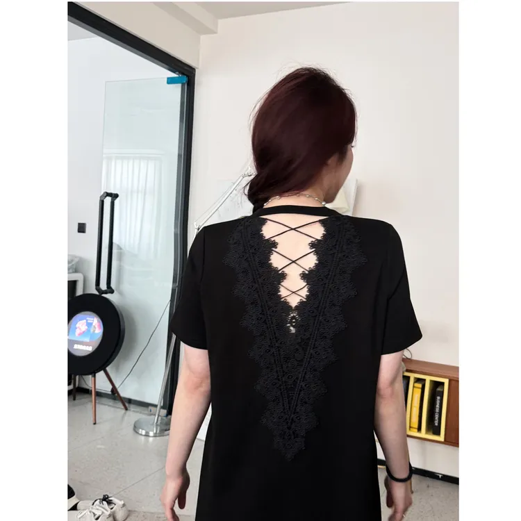 晶咕【爱丁堡旧钟】后背蕾丝钩花交叉绑带宽松短袖鱼尾连衣裙