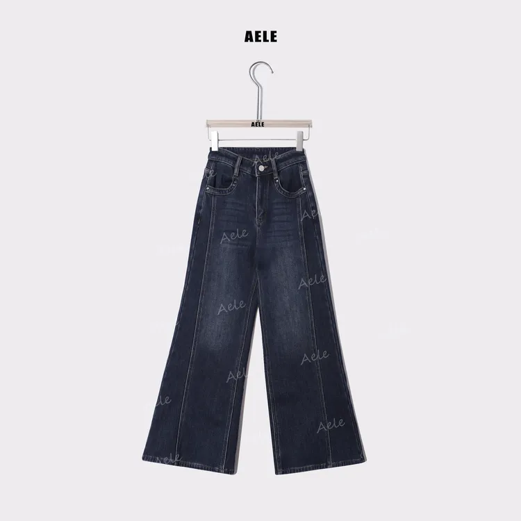 AELE高腰阔腿女深蓝显瘦休闲时尚加绒微喇牛仔裤 K855 5098 AD