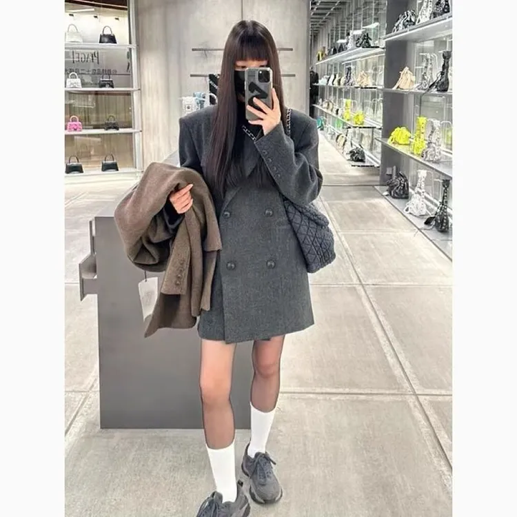 灰色西装呢子大衣女2025秋冬季新款毛呢外套高级感小个子韩系