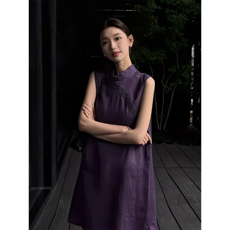 端庄优雅紫色背心裙2025夏季新款新中式国风设计无袖开叉连衣裙