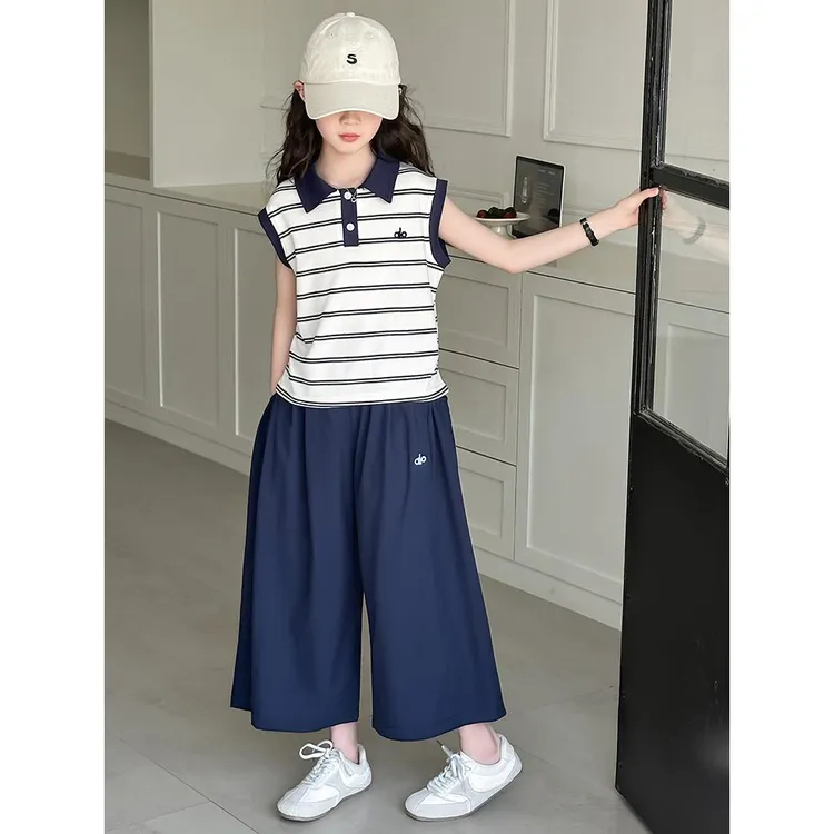 英国MK&DK女童夏套装2025新款初中生女孩洋气薄上衣两件套女大童