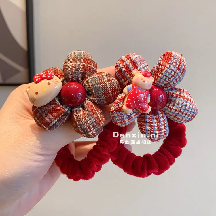 红色格纹花朵发圈儿童秋冬植绒扎发绳可爱卡通丸子头皮筋女童发饰