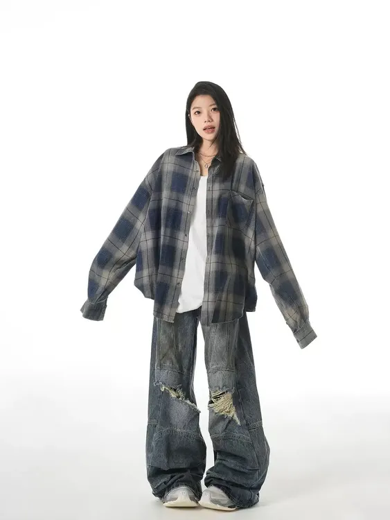 2025春秋季新款美式复古衬衫宽松长袖格子衬衣外穿上衣女