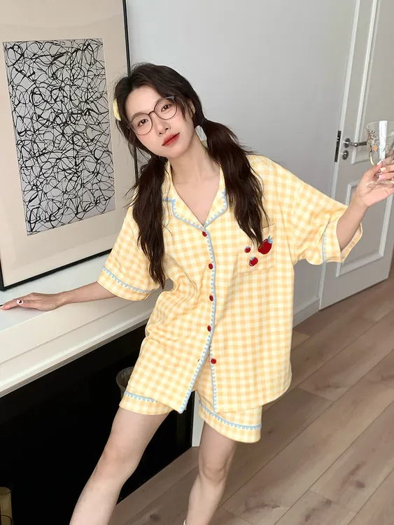 ins睡衣女夏季纯棉短袖薄款日系田园风格子夏天可外穿家居服套装