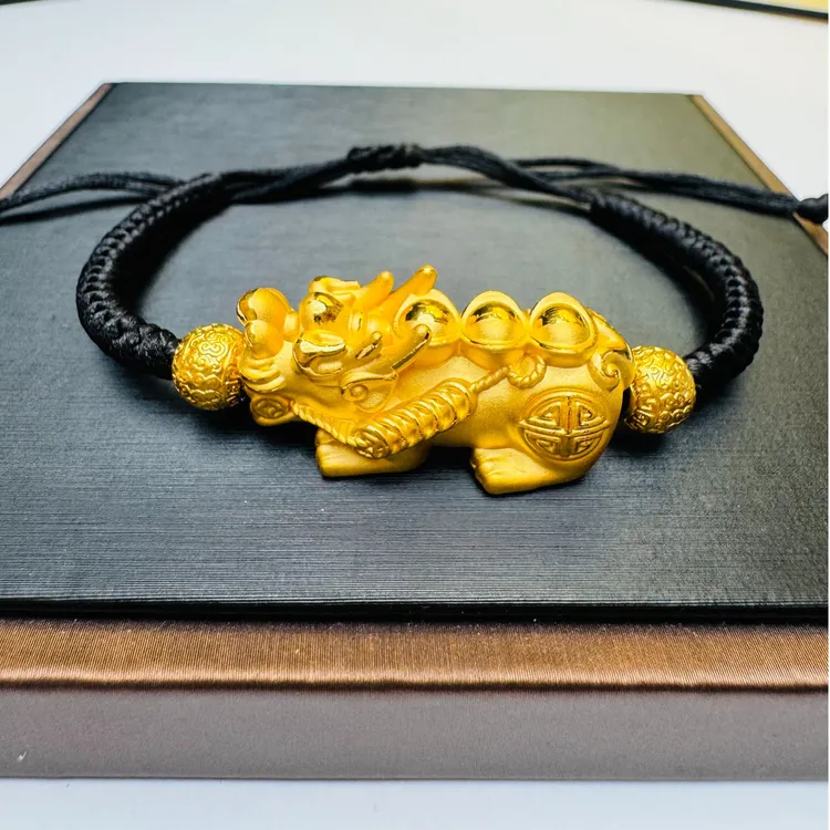 足金999黄金 元宝大貔貅黑绳编织