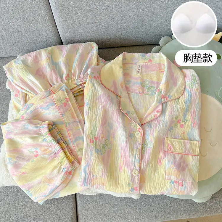 【三件套多彩蝴蝶】带胸垫睡衣女夏季短袖短裤长裤家居服套装132